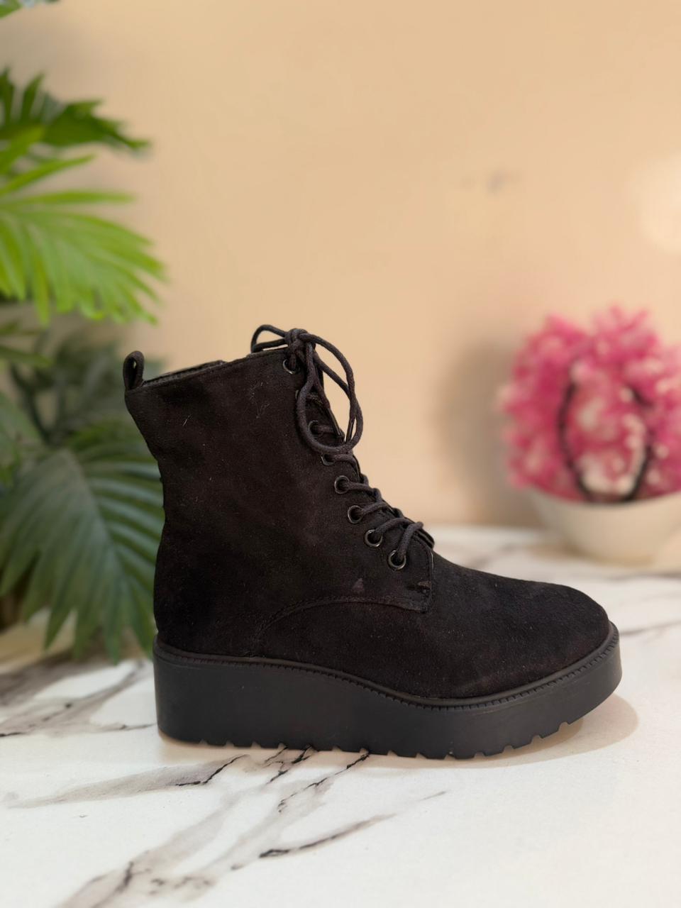 Black suede wedge laceup zipper ankle boot