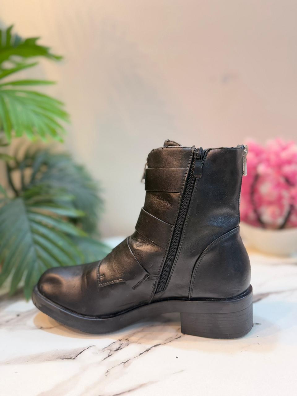 Black leather triple buckle zipper ankle boot european brand