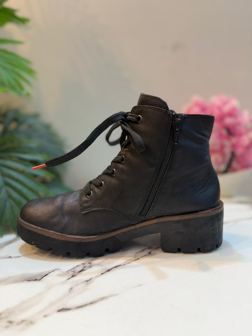 Black leather laceup zipper ankle boot rieker