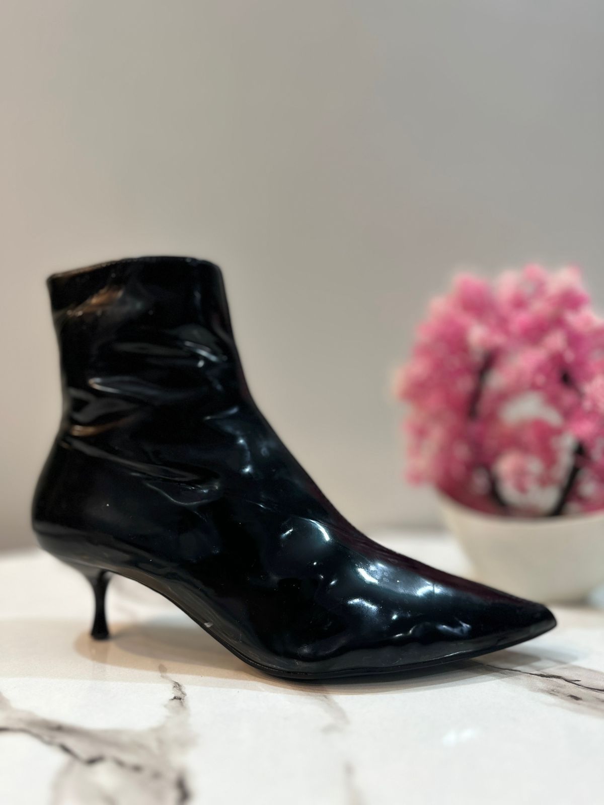 Black patent leather front zipper ankle boot (Zara)