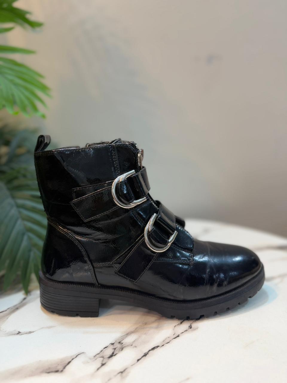 Black patent leather zipper double buckle ankle boot (European Brand)