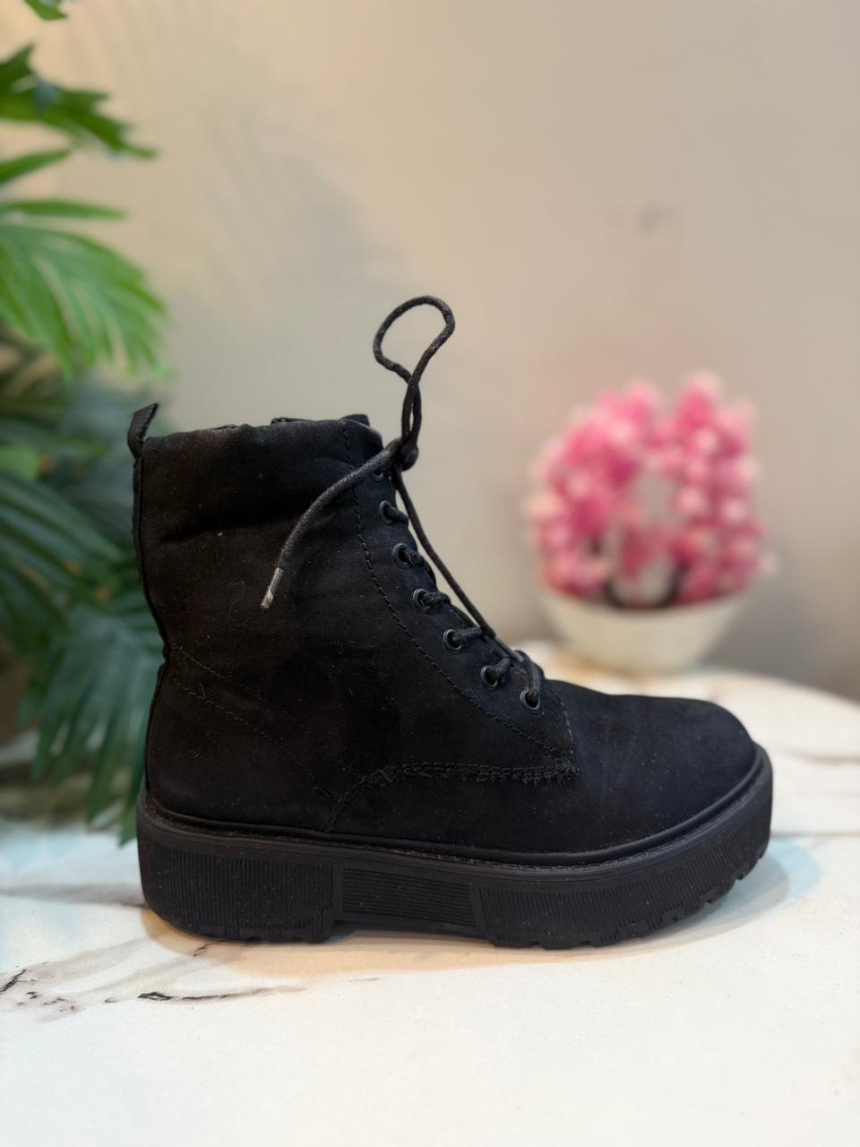 Black suede laceup zipper ankle boot (European Brand)
