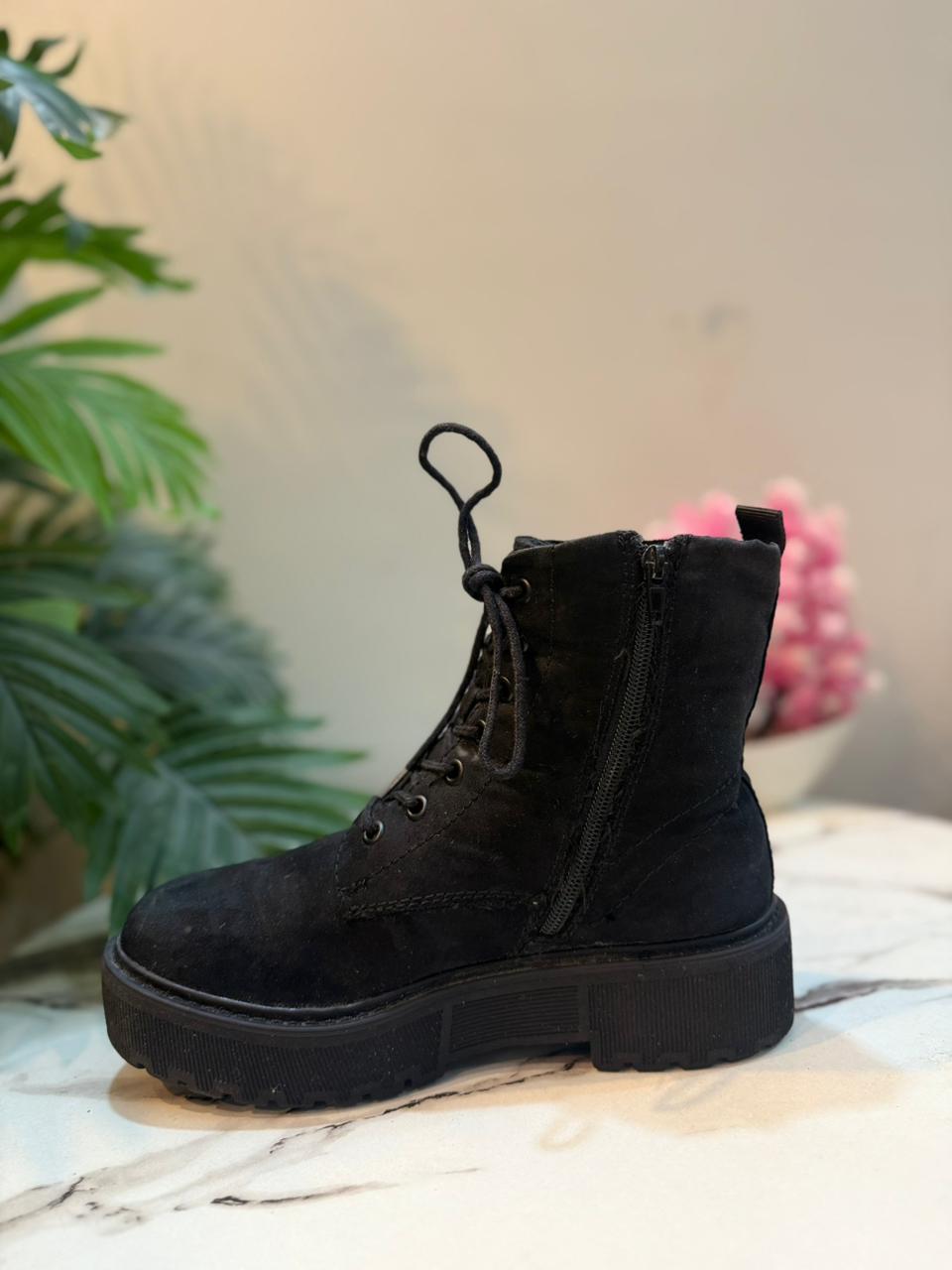 Black suede laceup zipper ankle boot (European Brand)