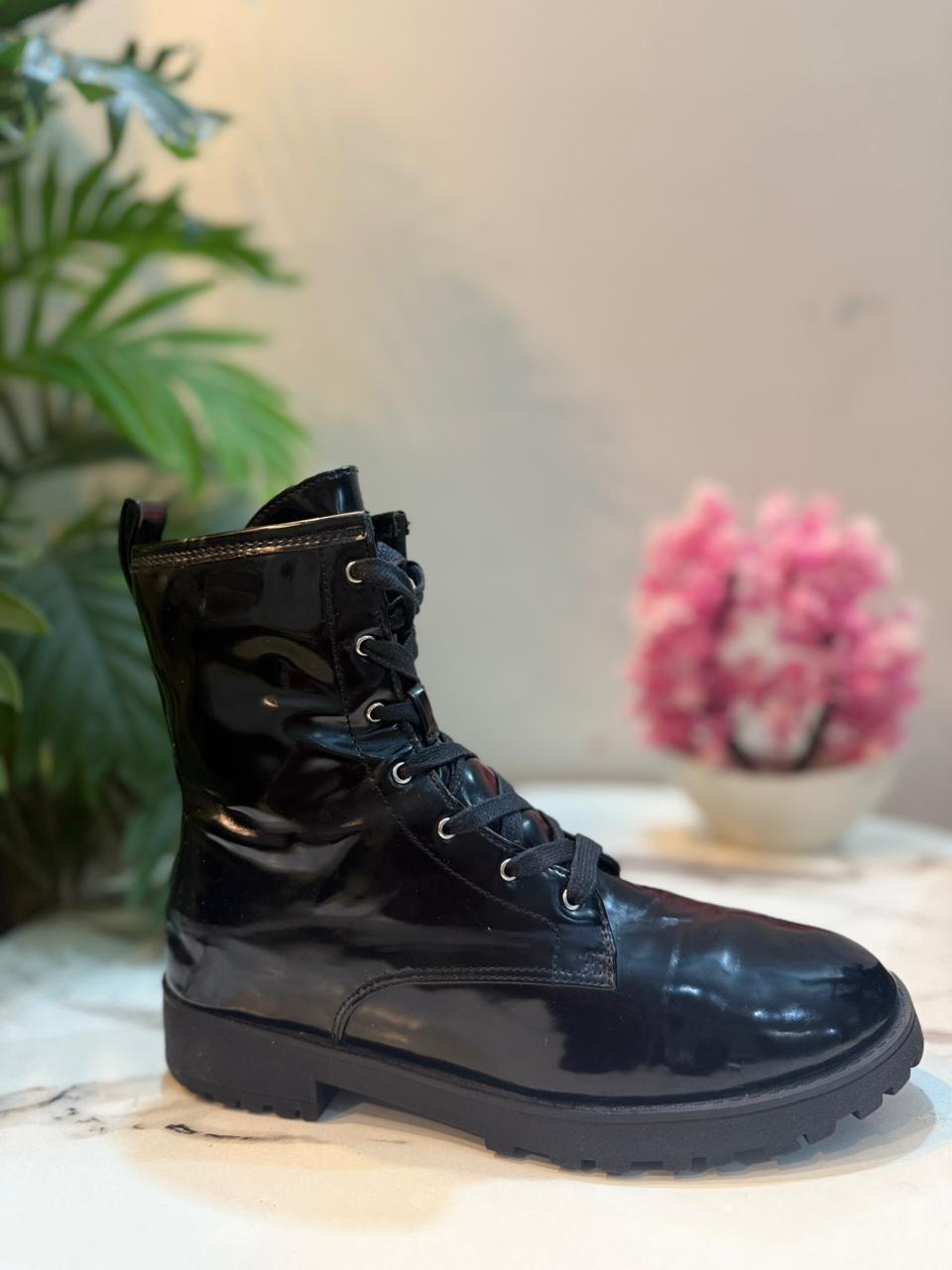 Black patent leather laceup zipper ankle boot (H&M)
