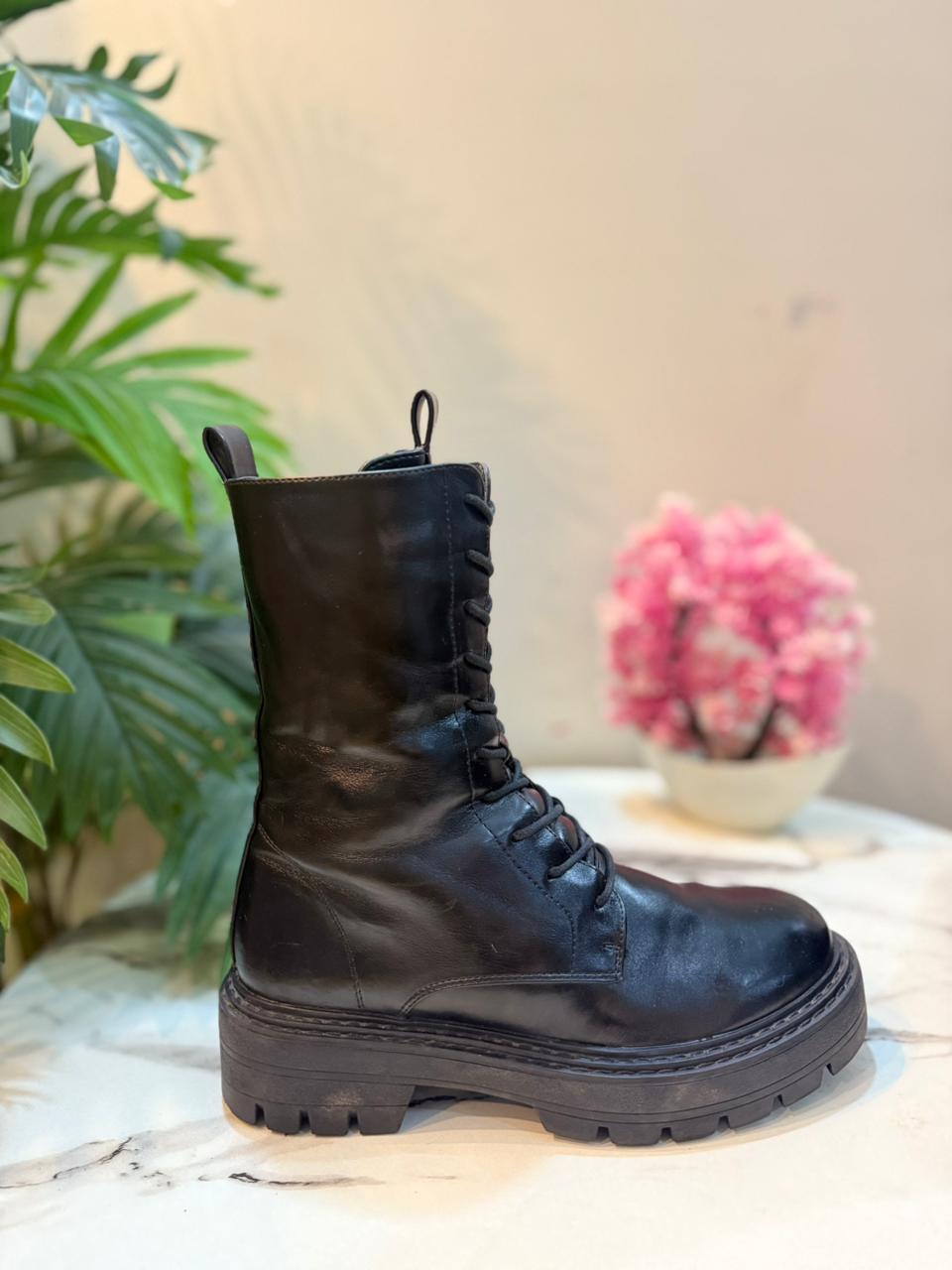 Black leather laceup zipper ankle boot (European brand)