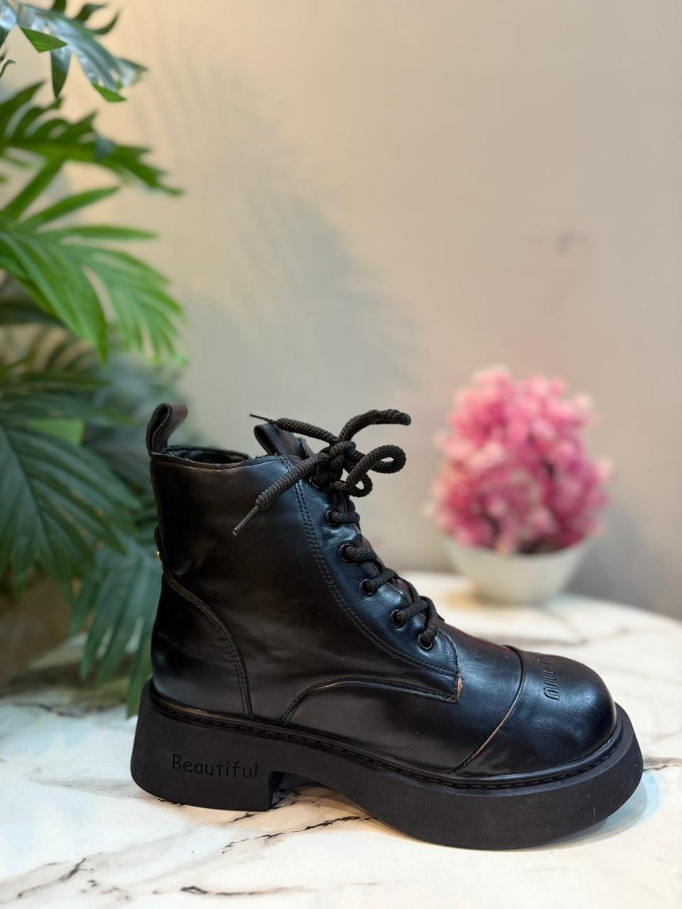 Black leather laceup zipper ankle boot (Unknown)