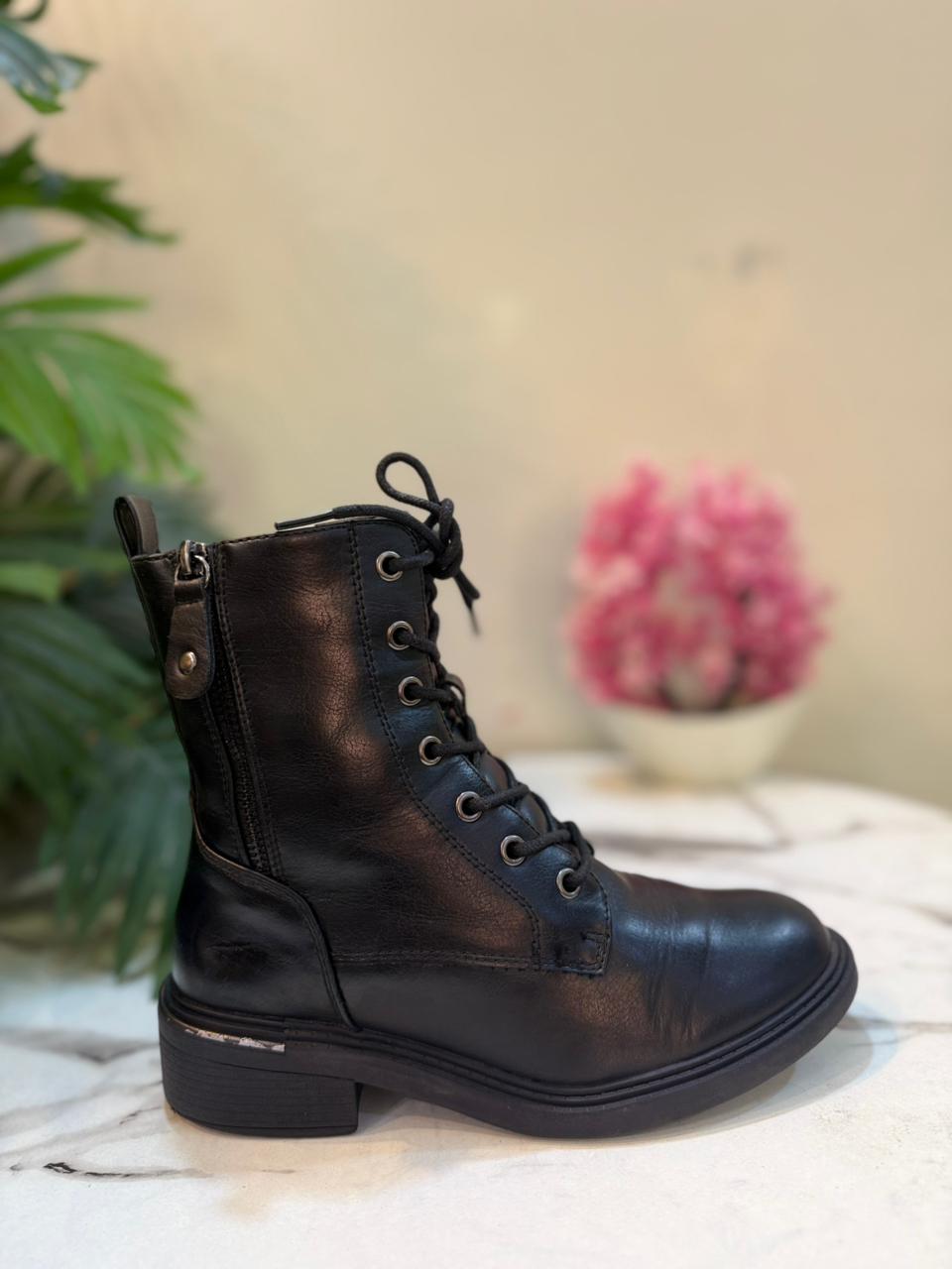 Black leather laceup zipper ankle boot (European brand)