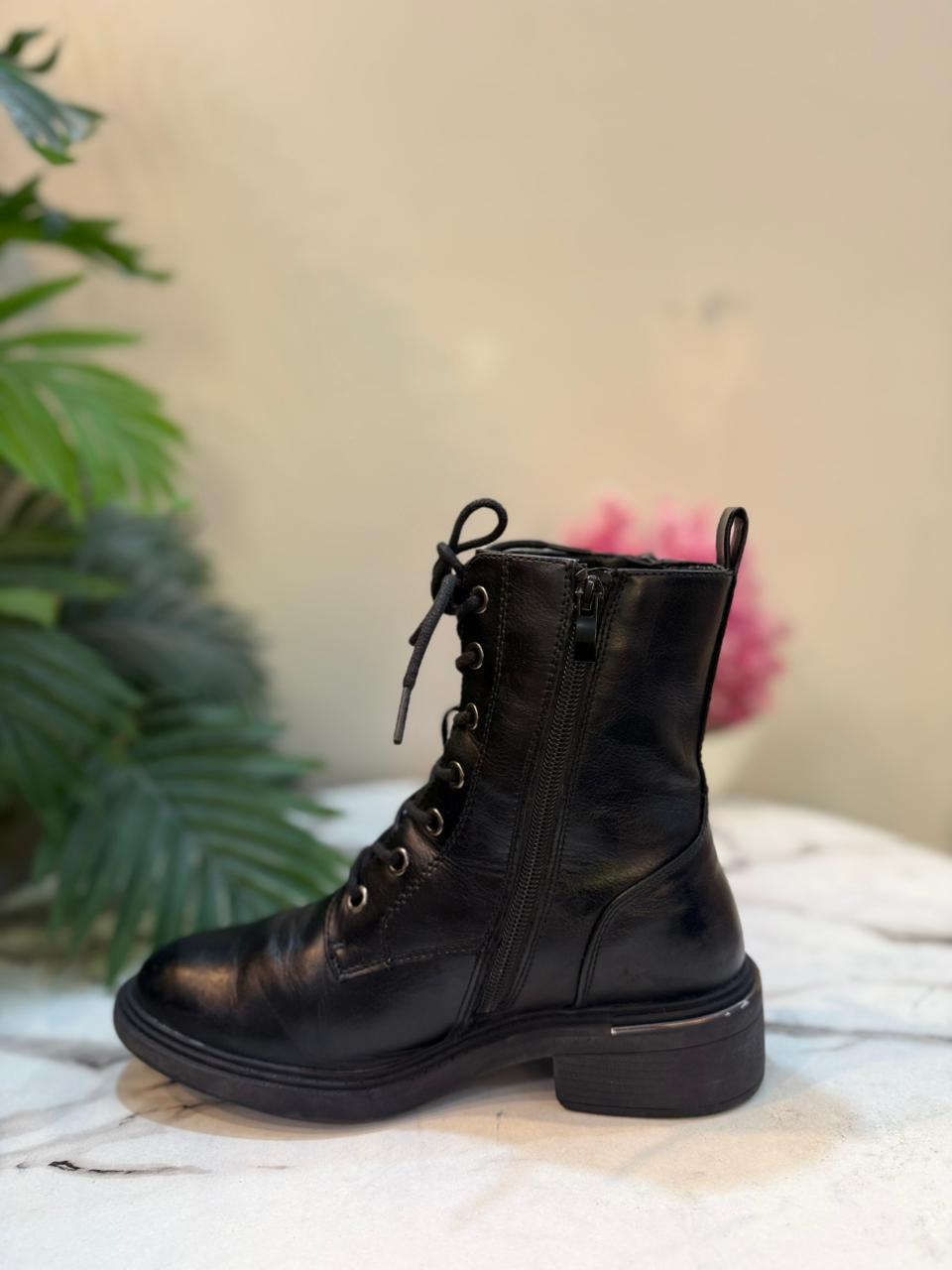 Black leather laceup zipper ankle boot (European brand)
