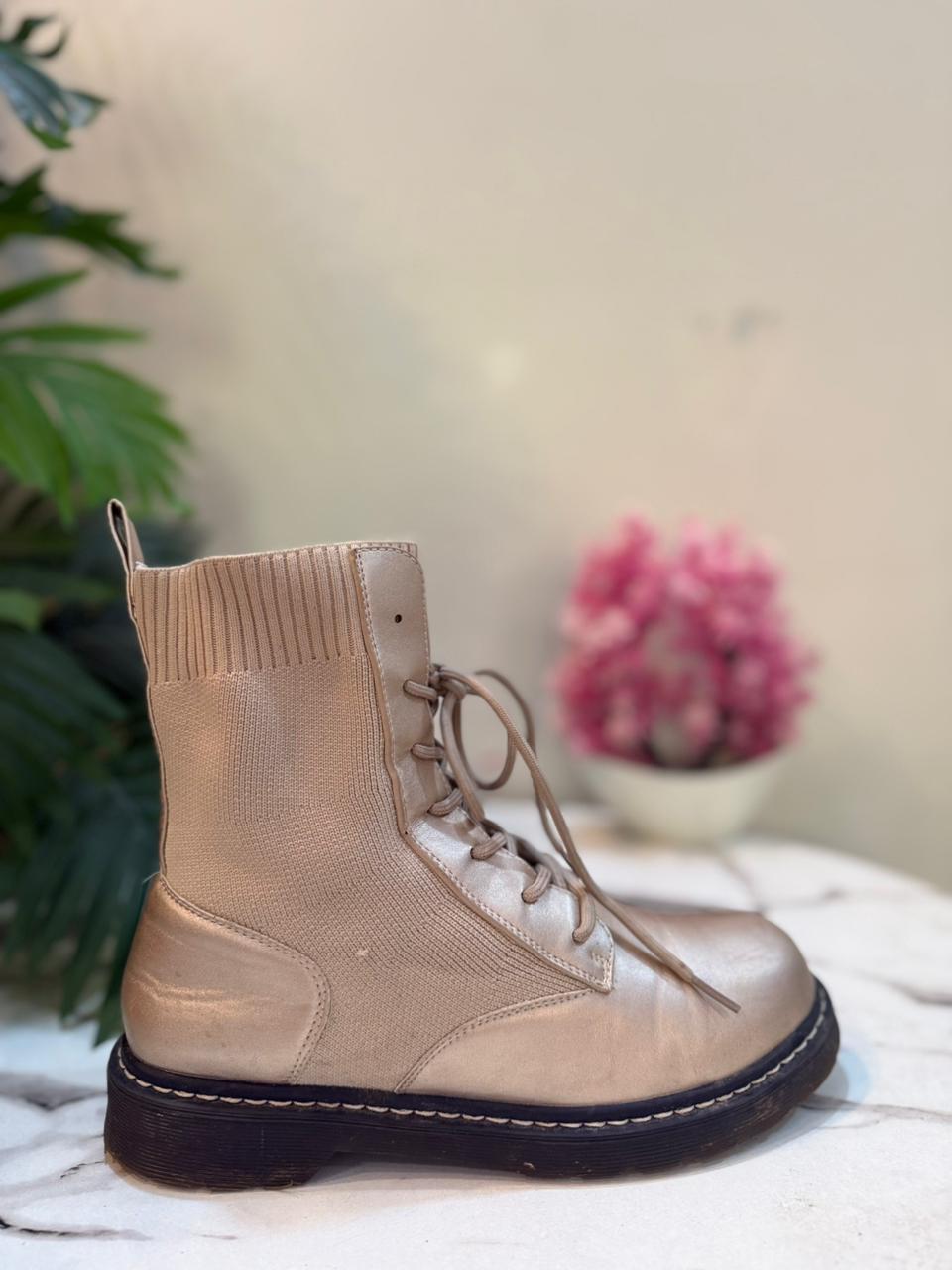 Dull gold leather laceup ankle boot (European Brand)