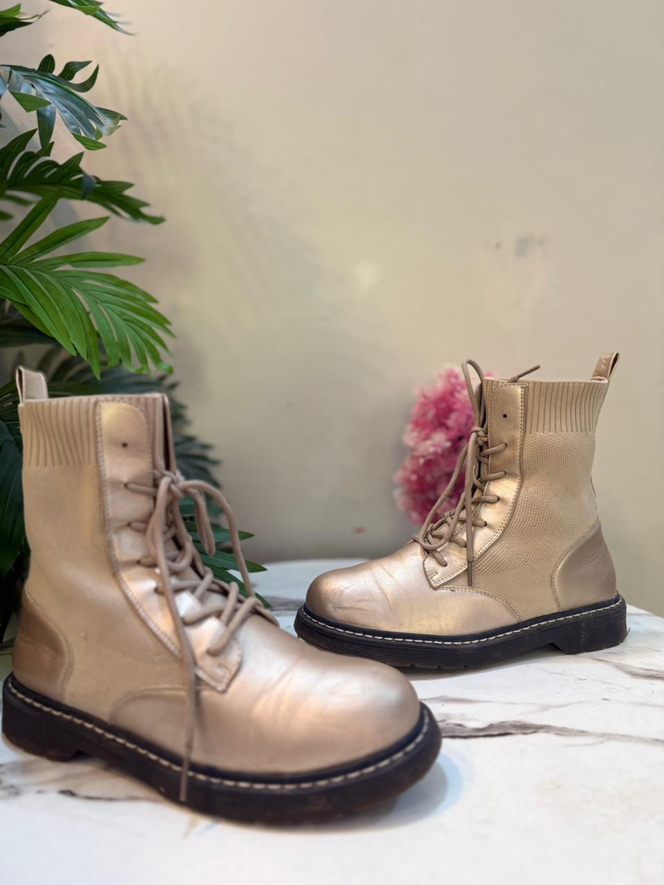 Dull gold leather laceup ankle boot (European Brand)