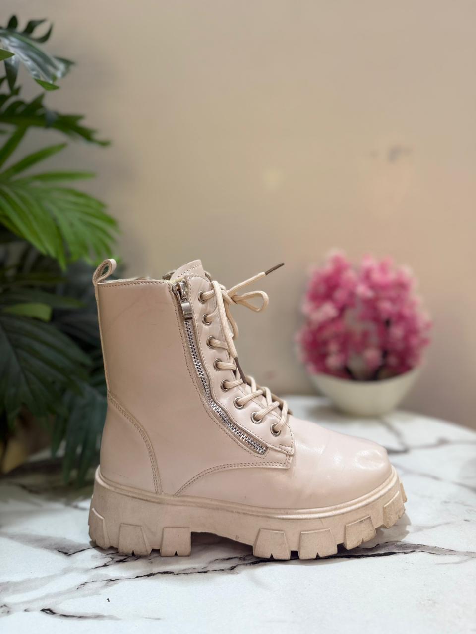 Off white leather laceup zipper ankle boot (European brand)