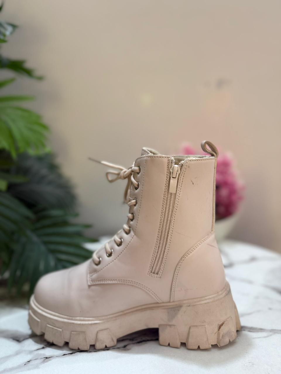 Off white leather laceup zipper ankle boot (European brand)