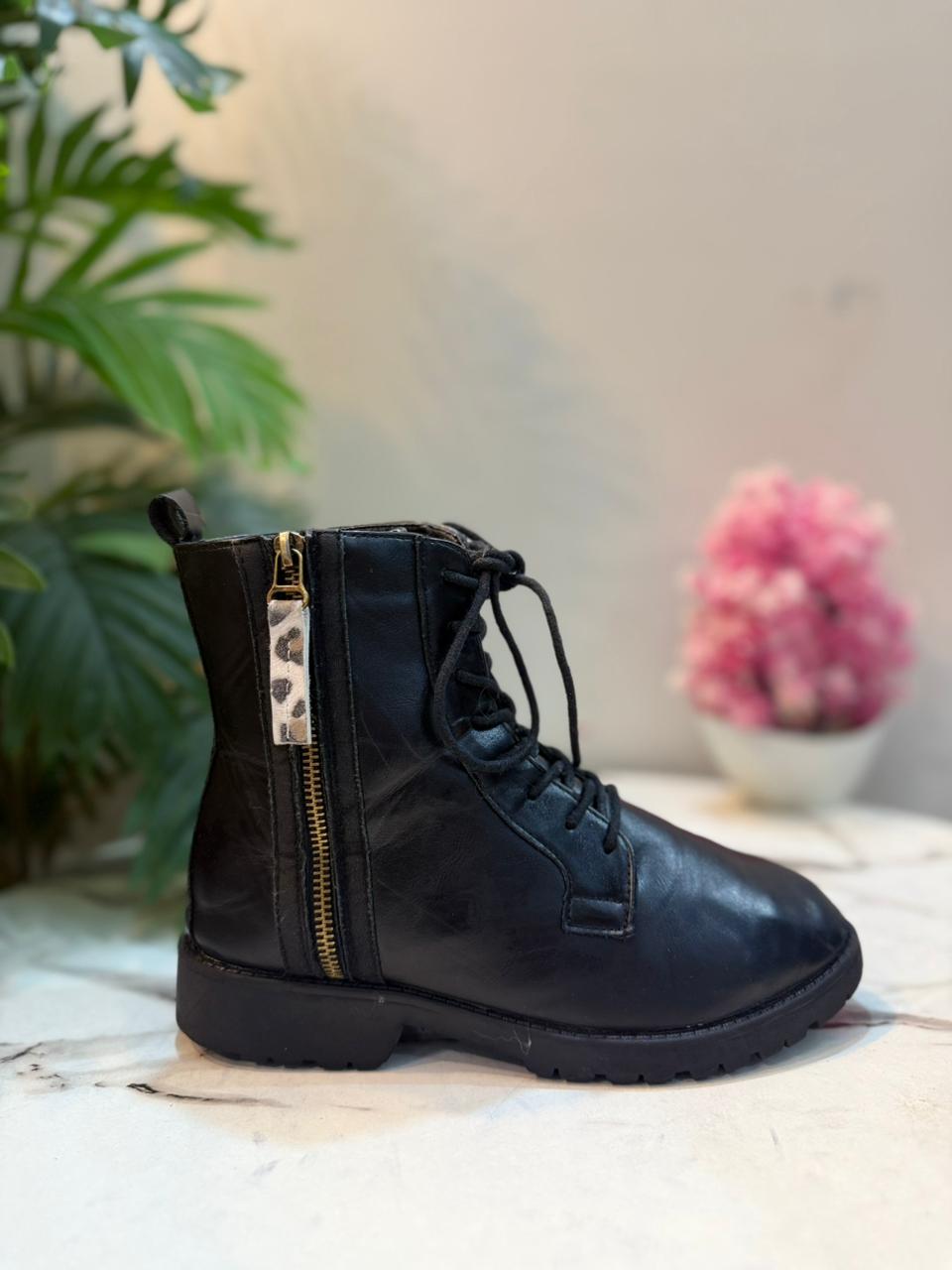 Black leather laceup ankle boot with golden zipper (European brand)
