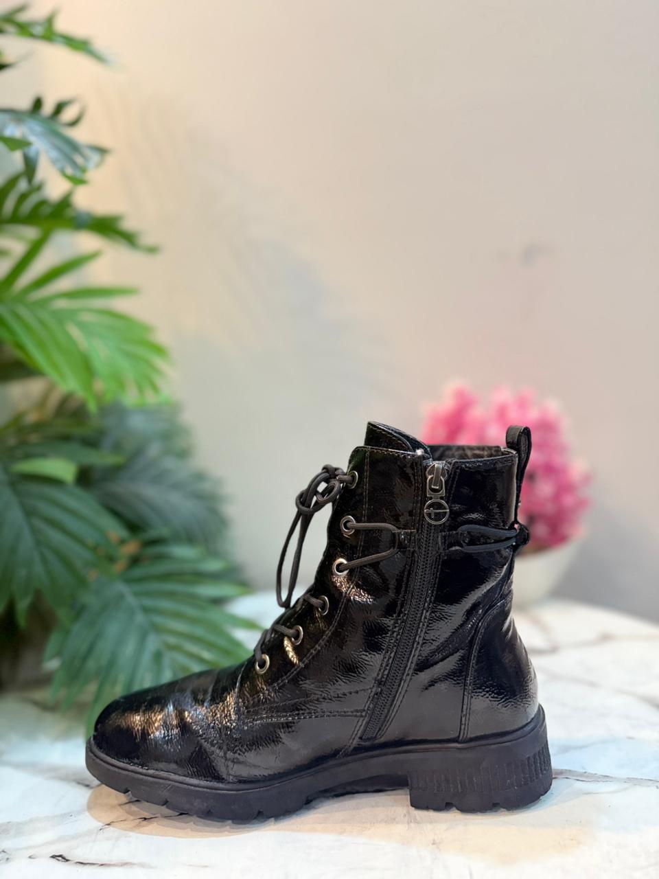 Black patent leather laceup zipper ankle boot (Tamaris)