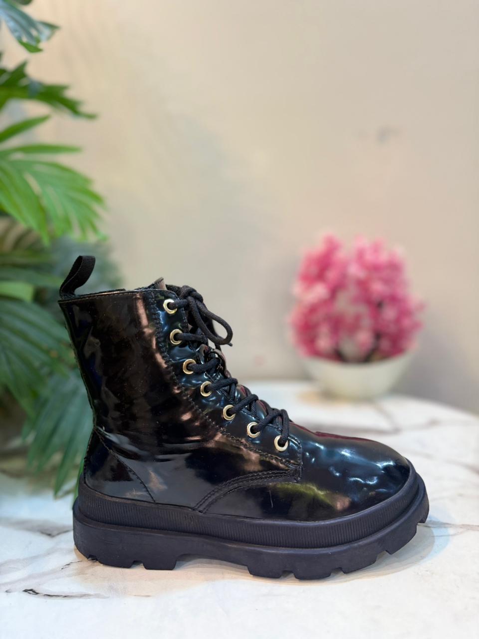 Black patent leather laceup zipper ankle boot (H&M)