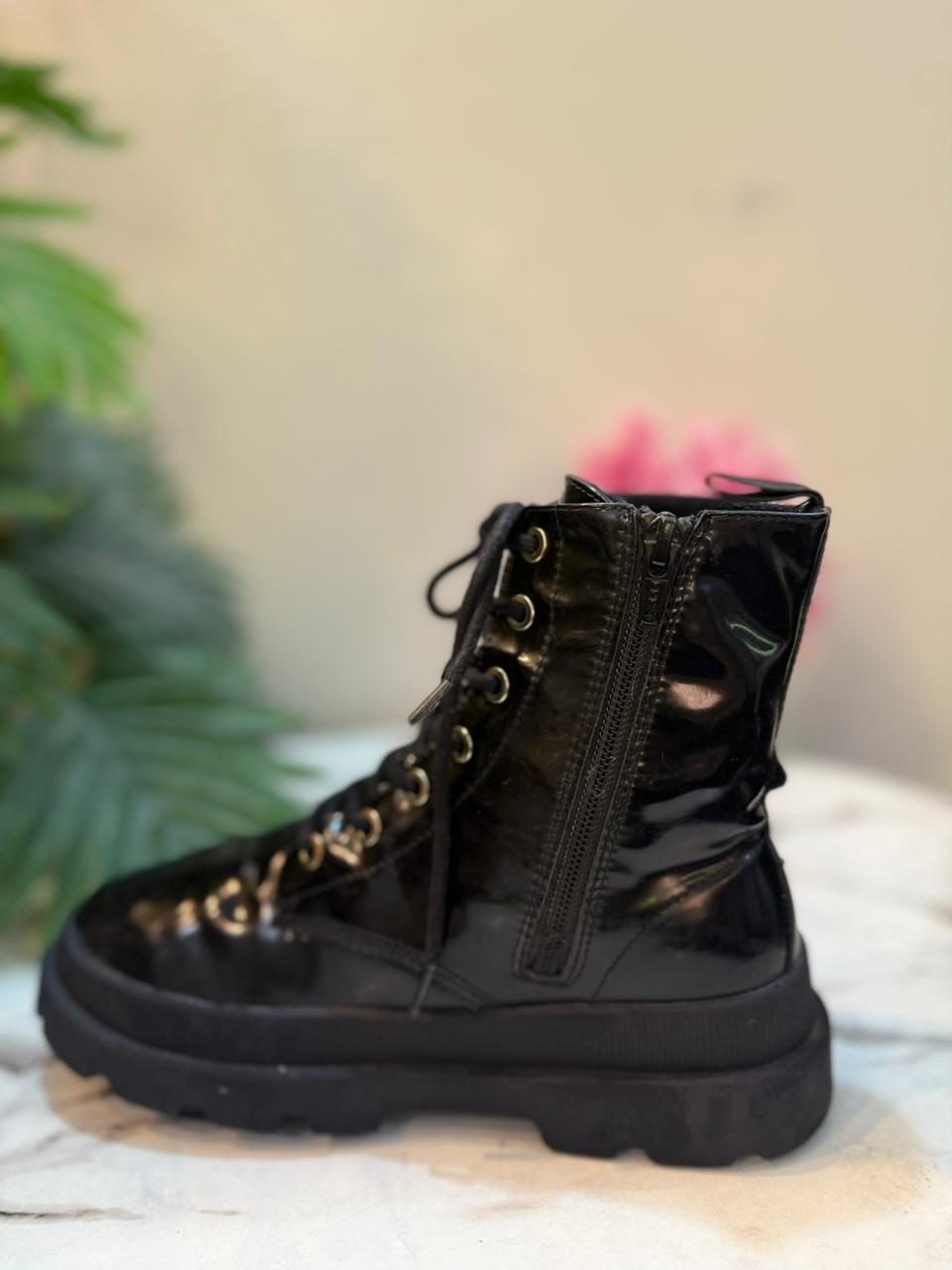 Black patent leather laceup zipper ankle boot (H&M)