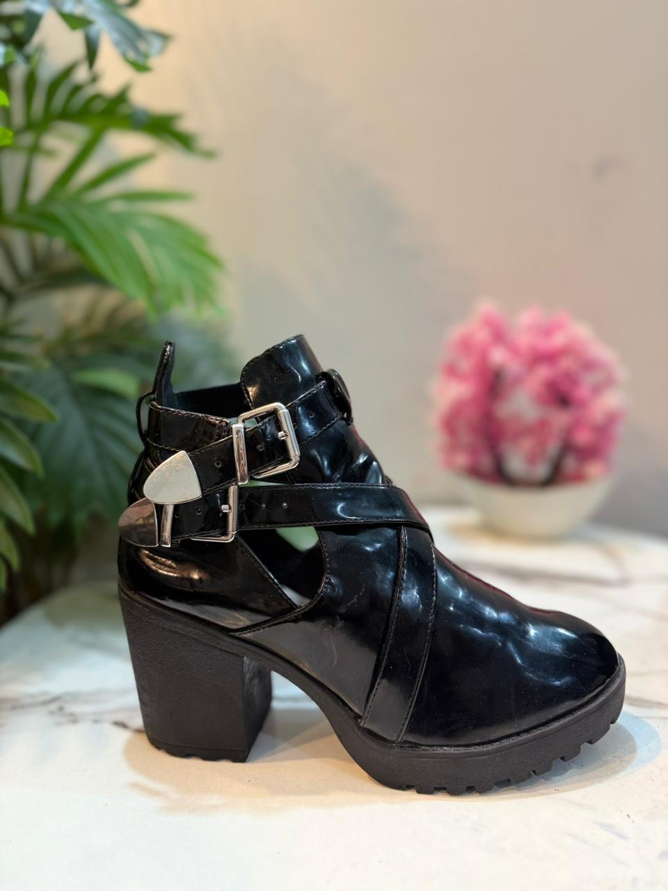 Black patent leather buckle ankle boot (Nly shoe)