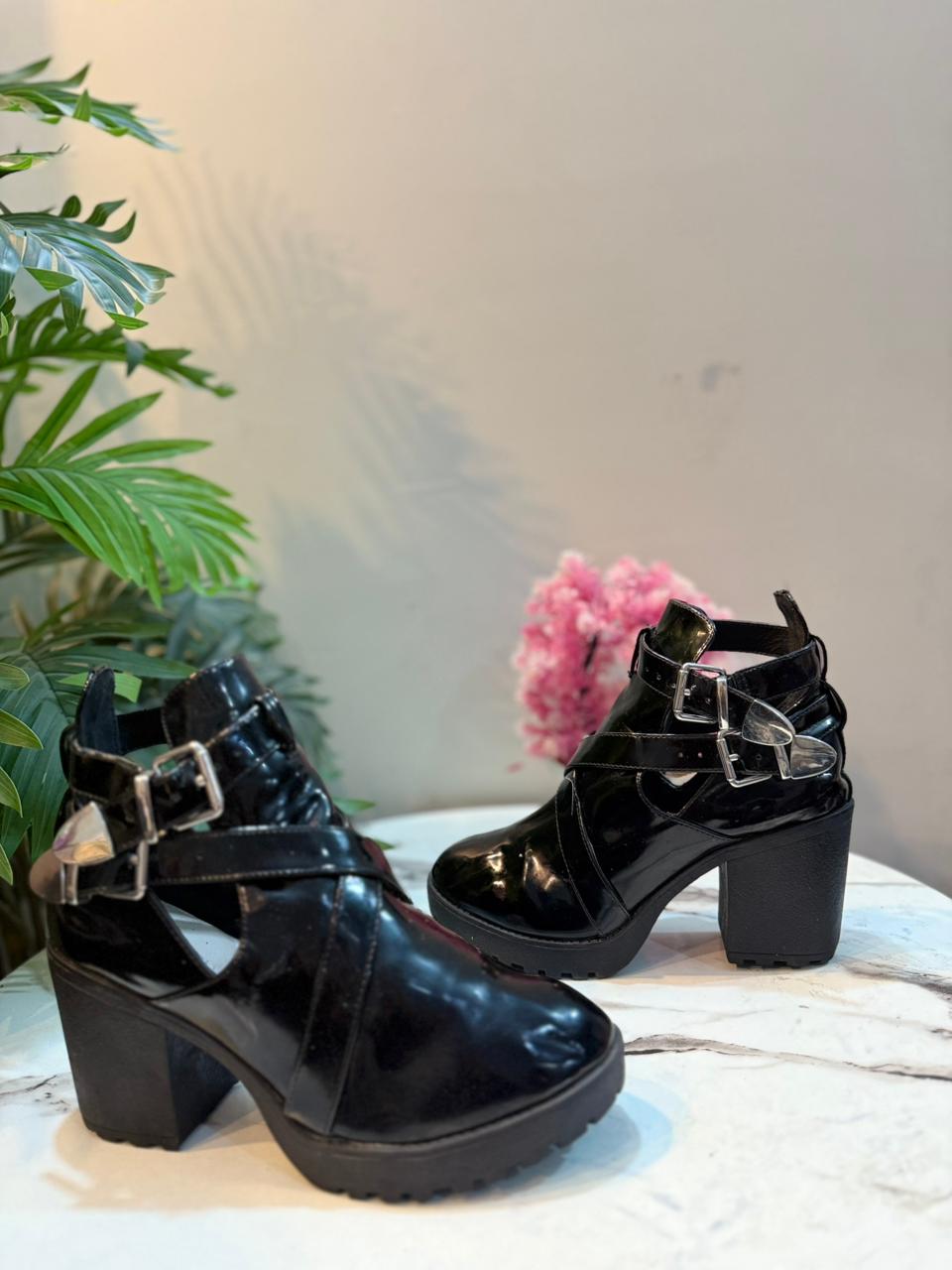 Black patent leather buckle ankle boot (Nly shoe)