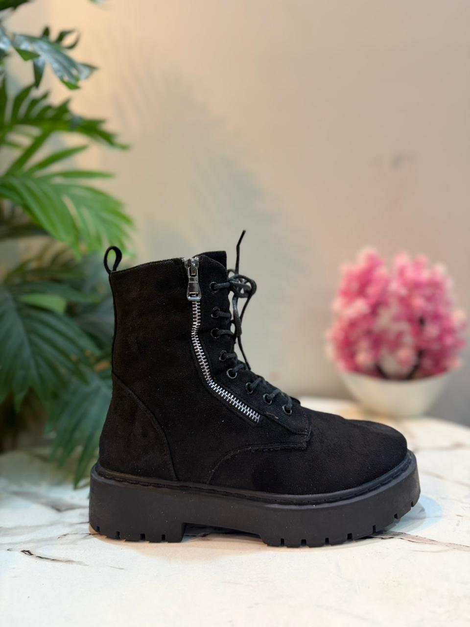 Black suede laceup zipper ankle boot (European brand)