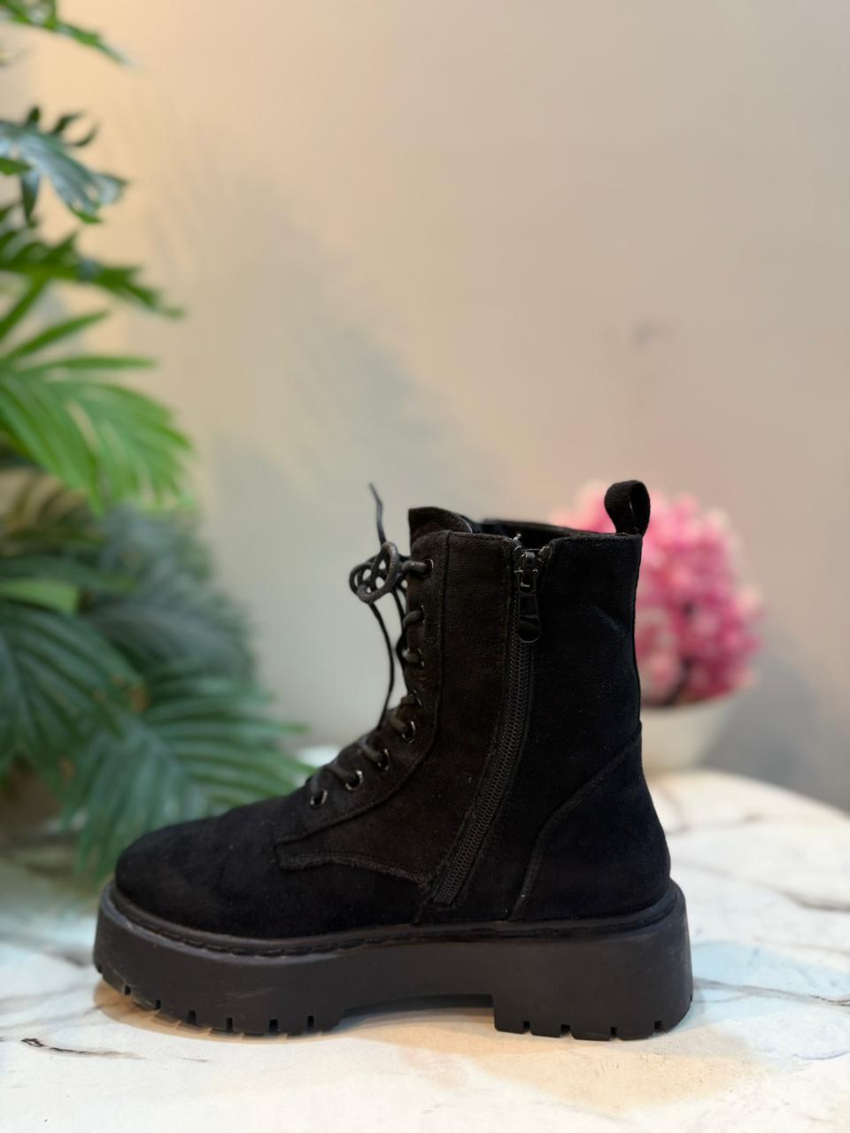 Black suede laceup zipper ankle boot (European brand)
