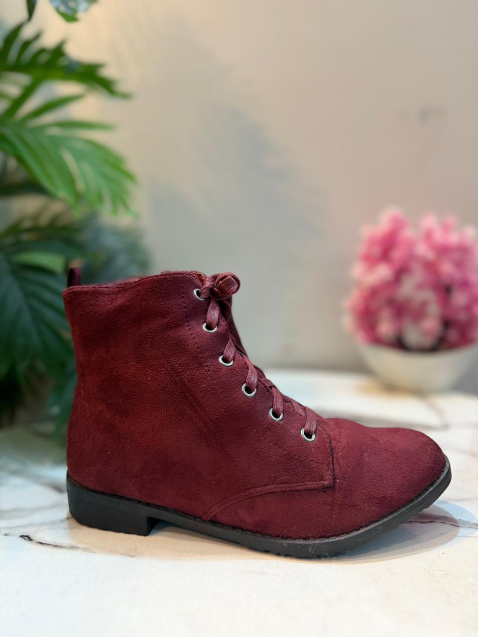 Burgundy suede laceup zipper ankle boot (Unknown)