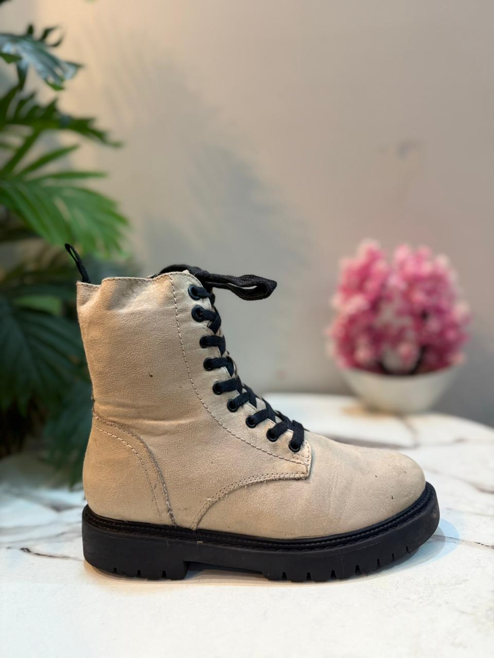 Beige suede laceup zipper ankle boot (European brand)