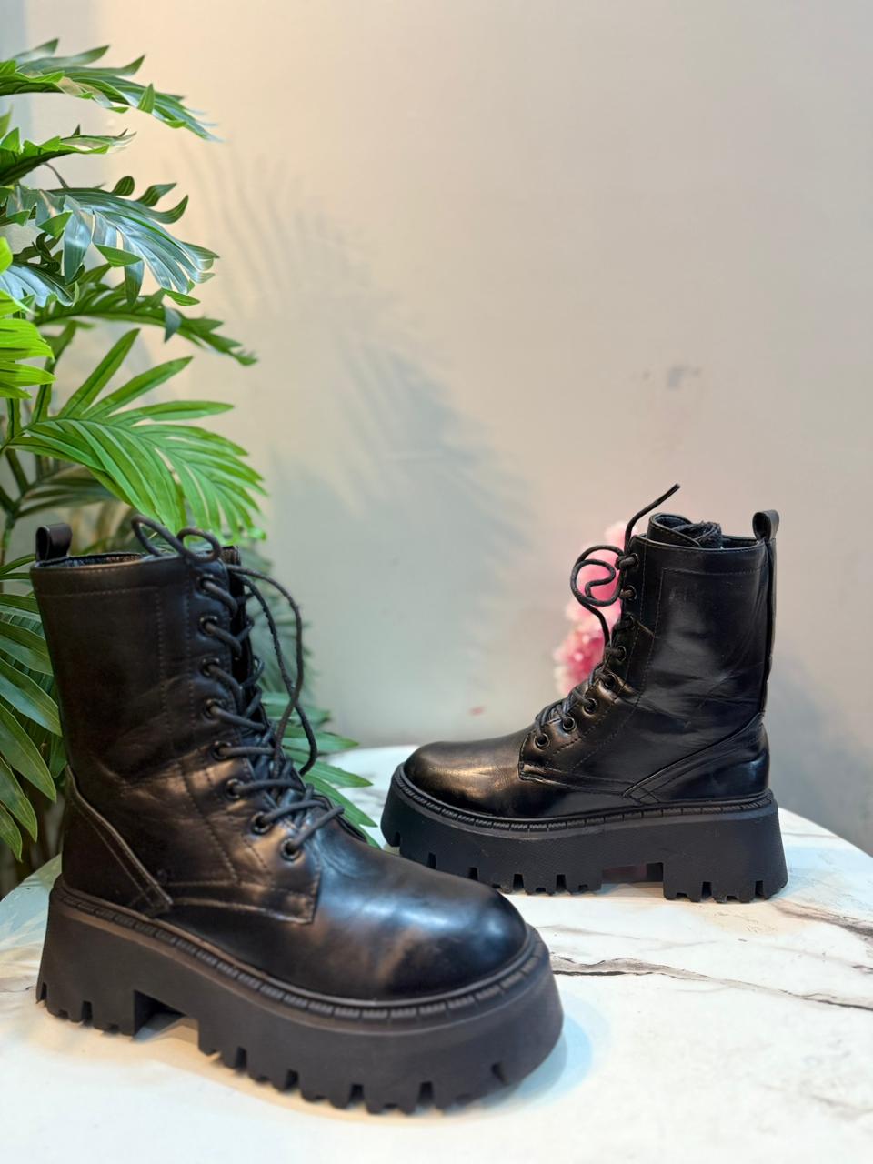 Black leather laceup zipper ankle boot (European brand)