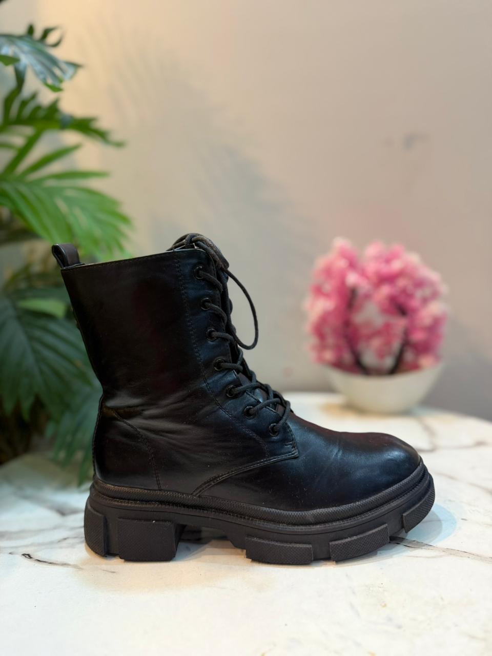Black leather laceup zipper ankle boot (European brand)