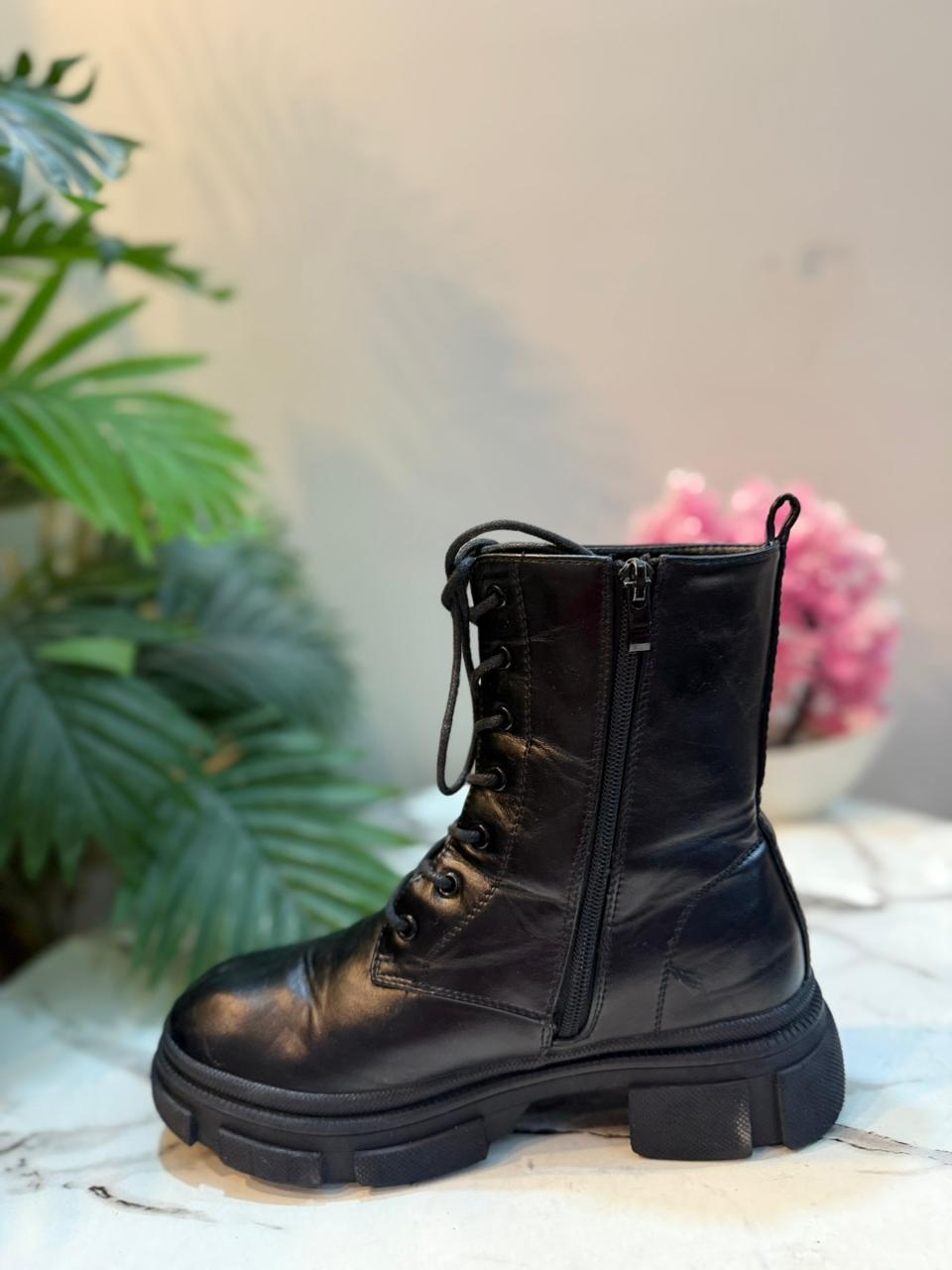 Black leather laceup zipper ankle boot (European brand)