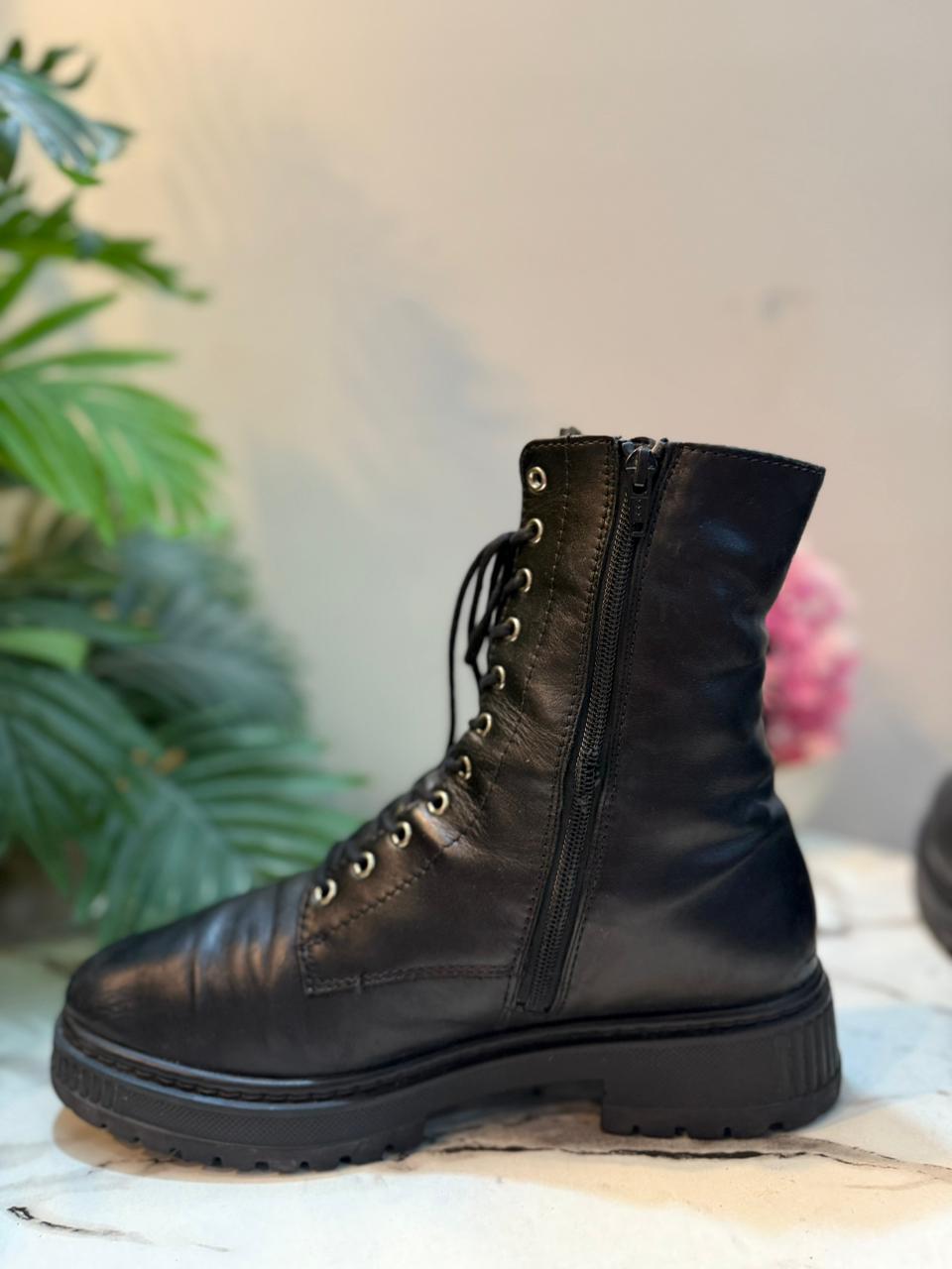 Black leather laceup zipper ankle boot (Gabor)