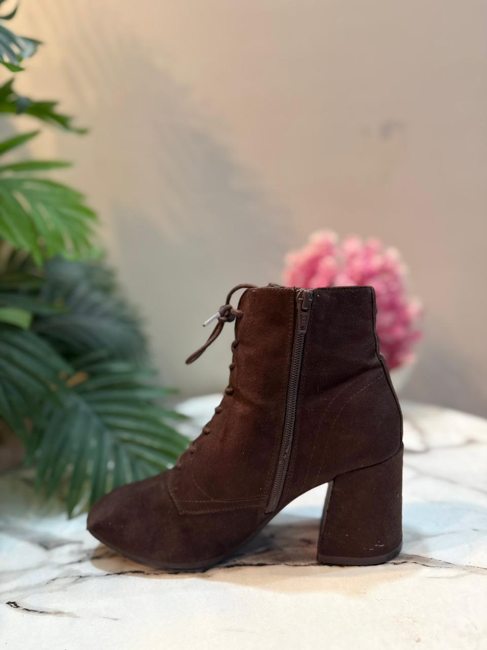 Dark brown suede laceup zipper ankle boot (Unknown)