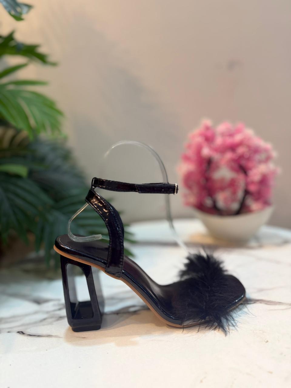 Black fur block heel