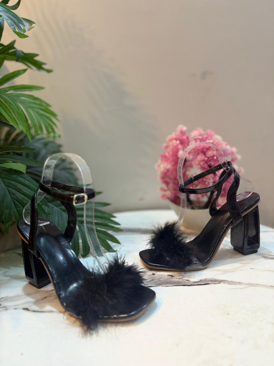 Black fur block heel