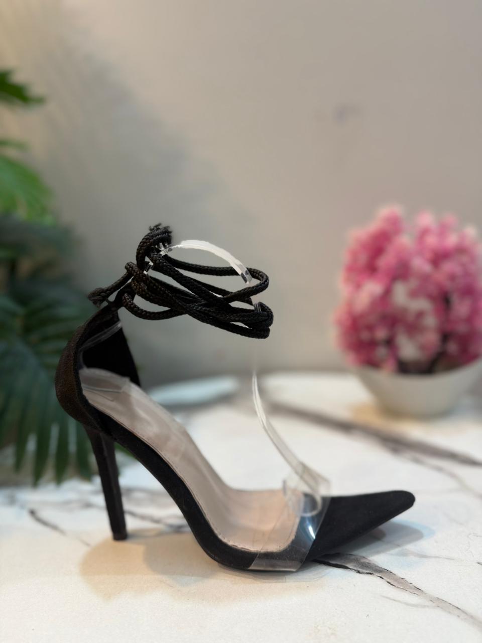Black transparent laceup heel