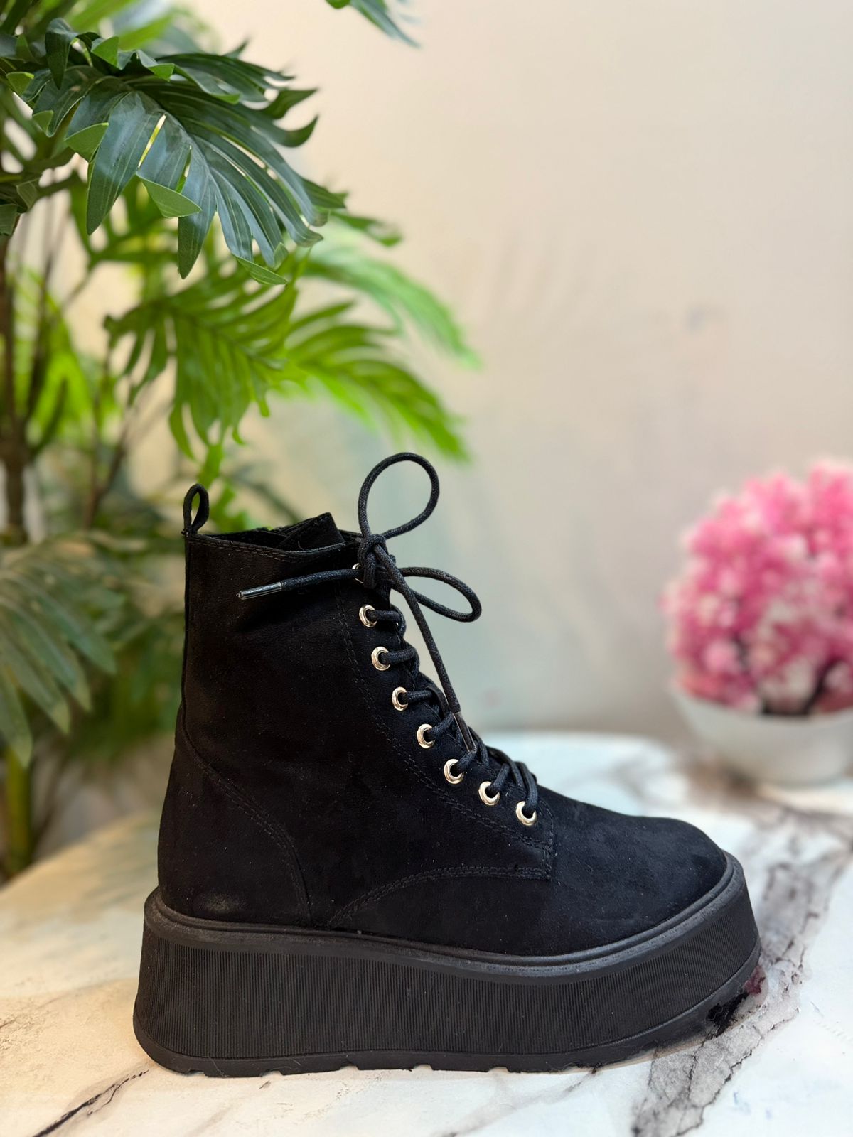Black suede laceup zipper ankle boot (Unknown)