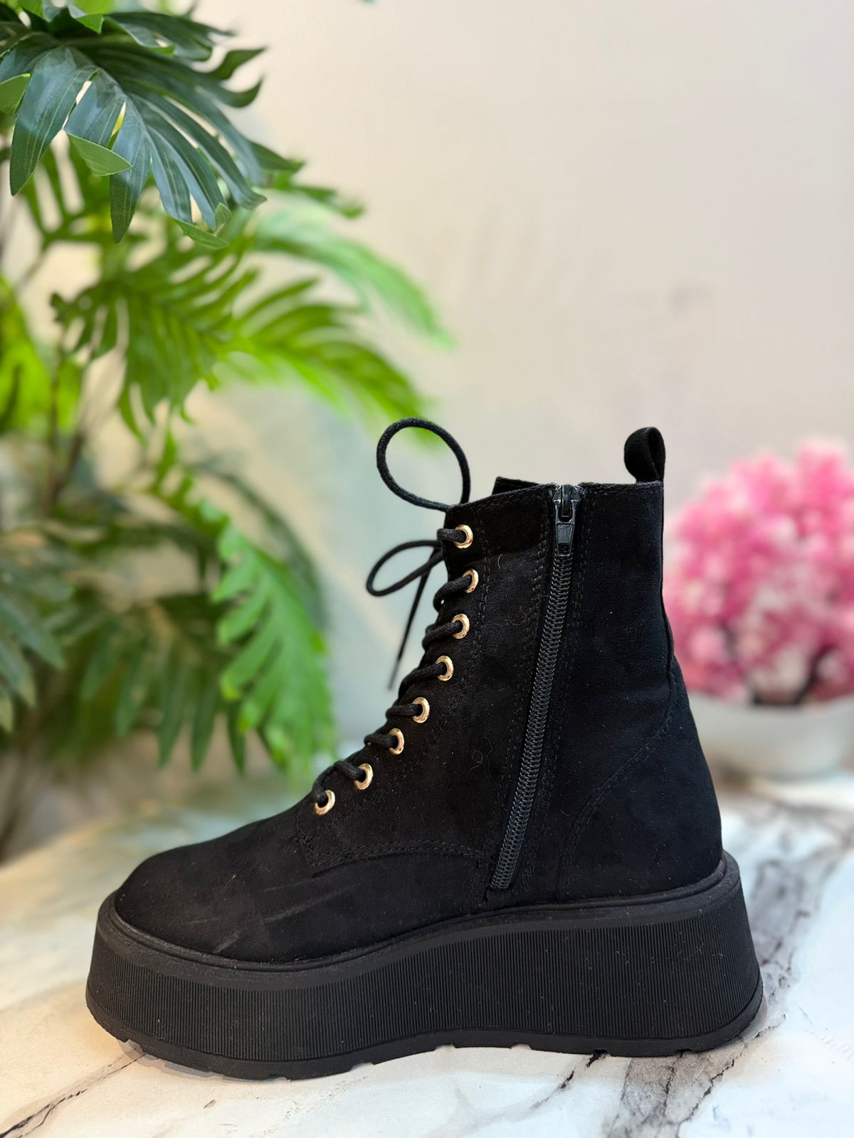 Black suede laceup zipper ankle boot (Unknown)