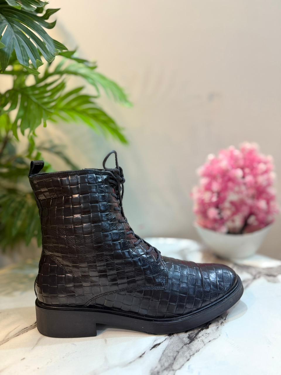 Black leather laceup zipper ankle boot (European brand)
