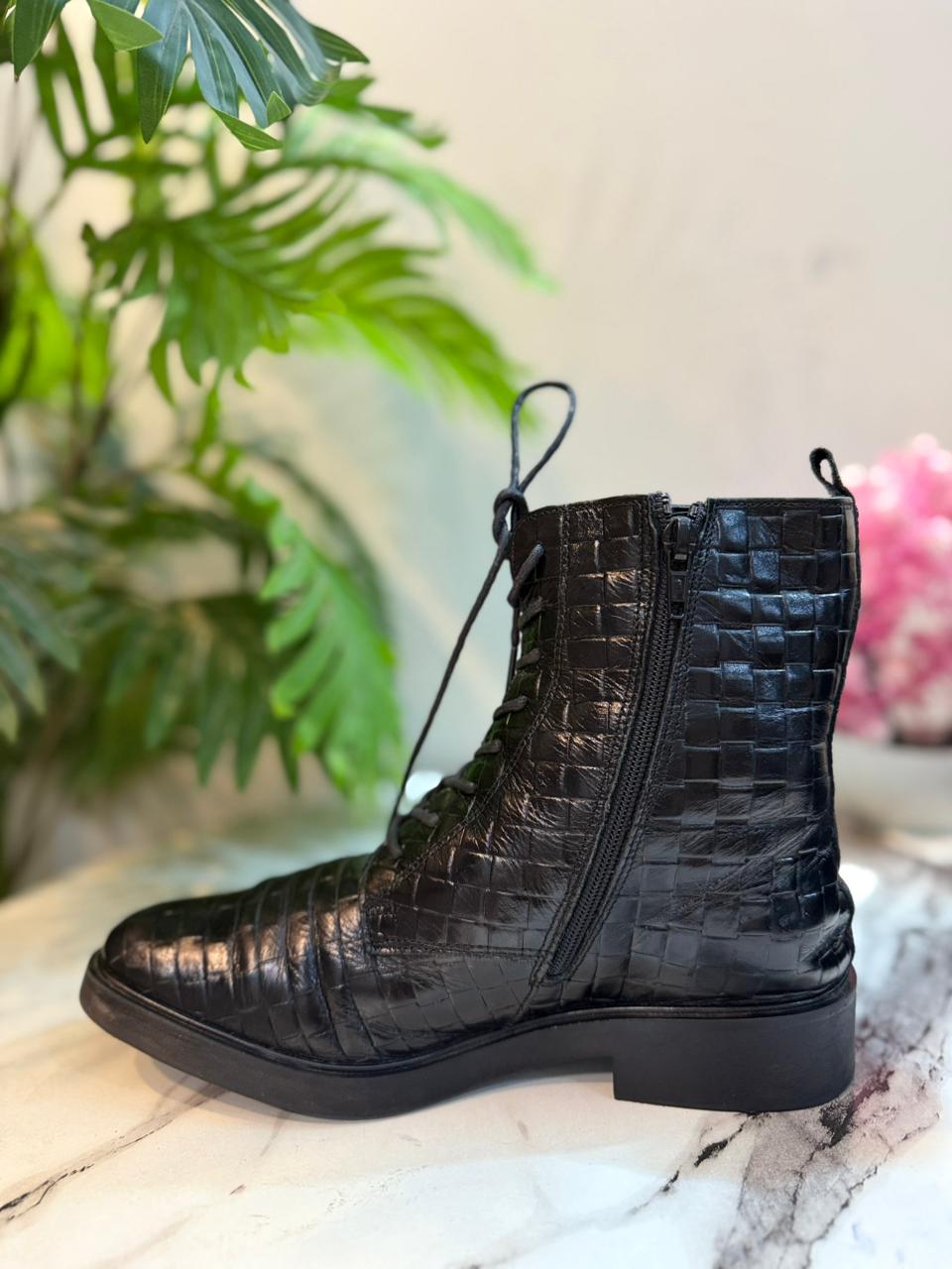 Black leather laceup zipper ankle boot (European brand)