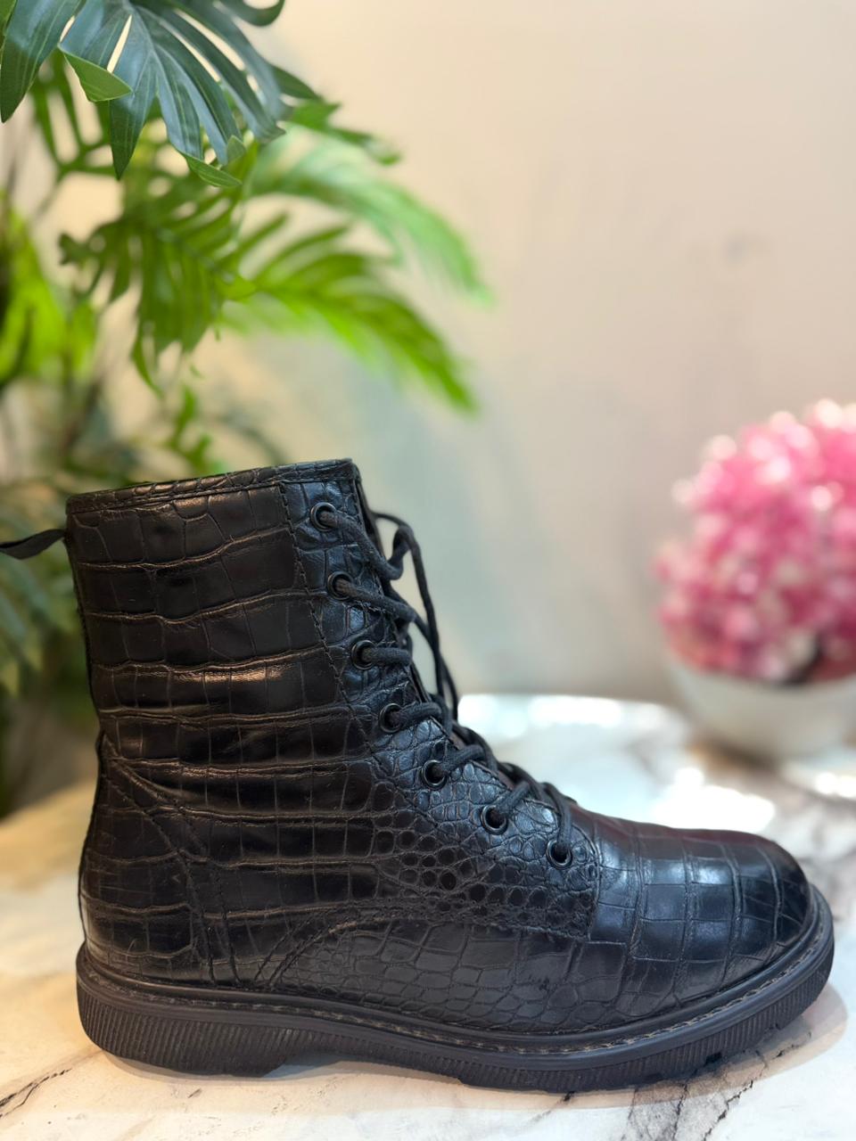 Black leather laceup zipper ankle boot (European brand)