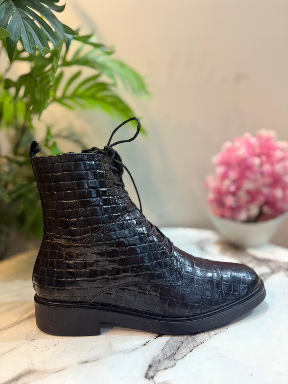 Black leather laceup zipper ankle boot (European brand)