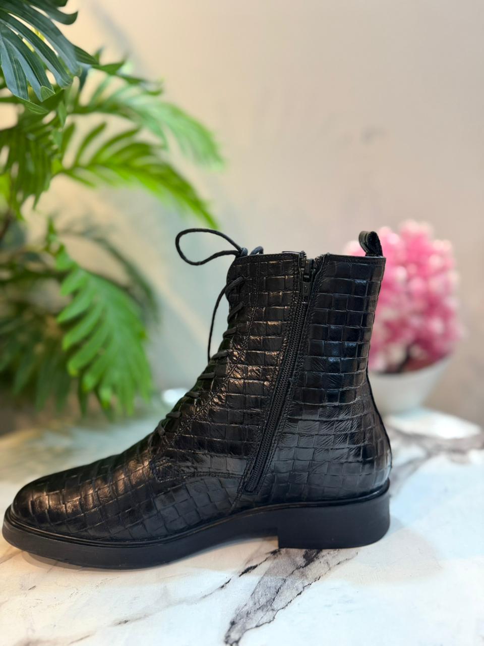 Black leather laceup zipper ankle boot (European brand)