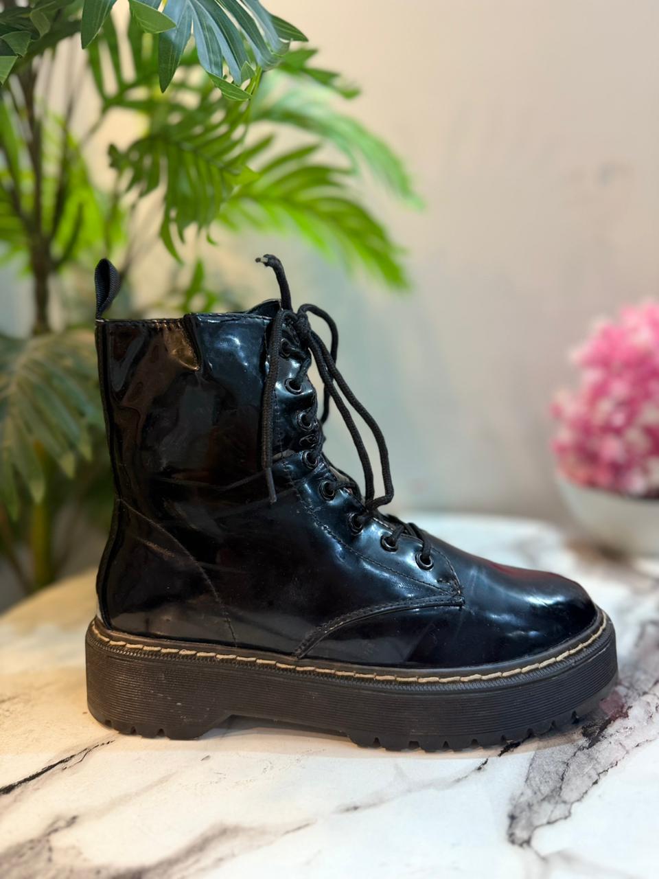 Black patent leather laceup zipper ankle boot (Unknown)