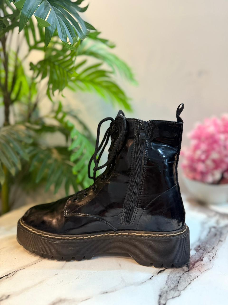 Black patent leather laceup zipper ankle boot (Unknown)