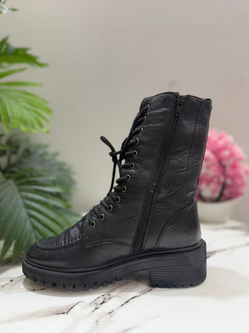 Black leather laceup boot with side zipper(nelson )