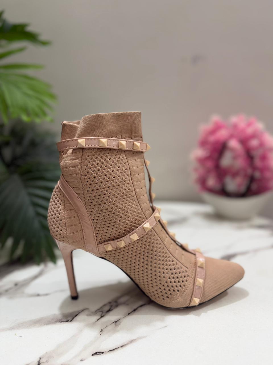 Nude beige sock heeled ankle boot(catherine )