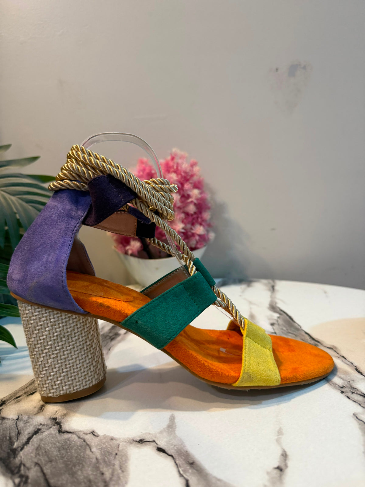 Orange block laceup heel