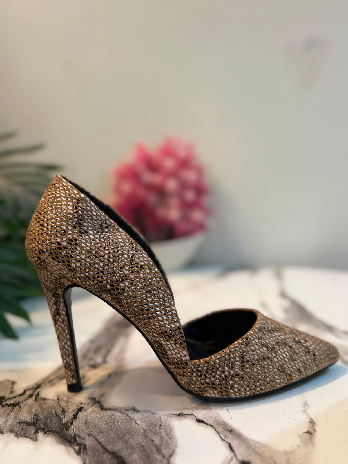 Brown snake print coat shoes