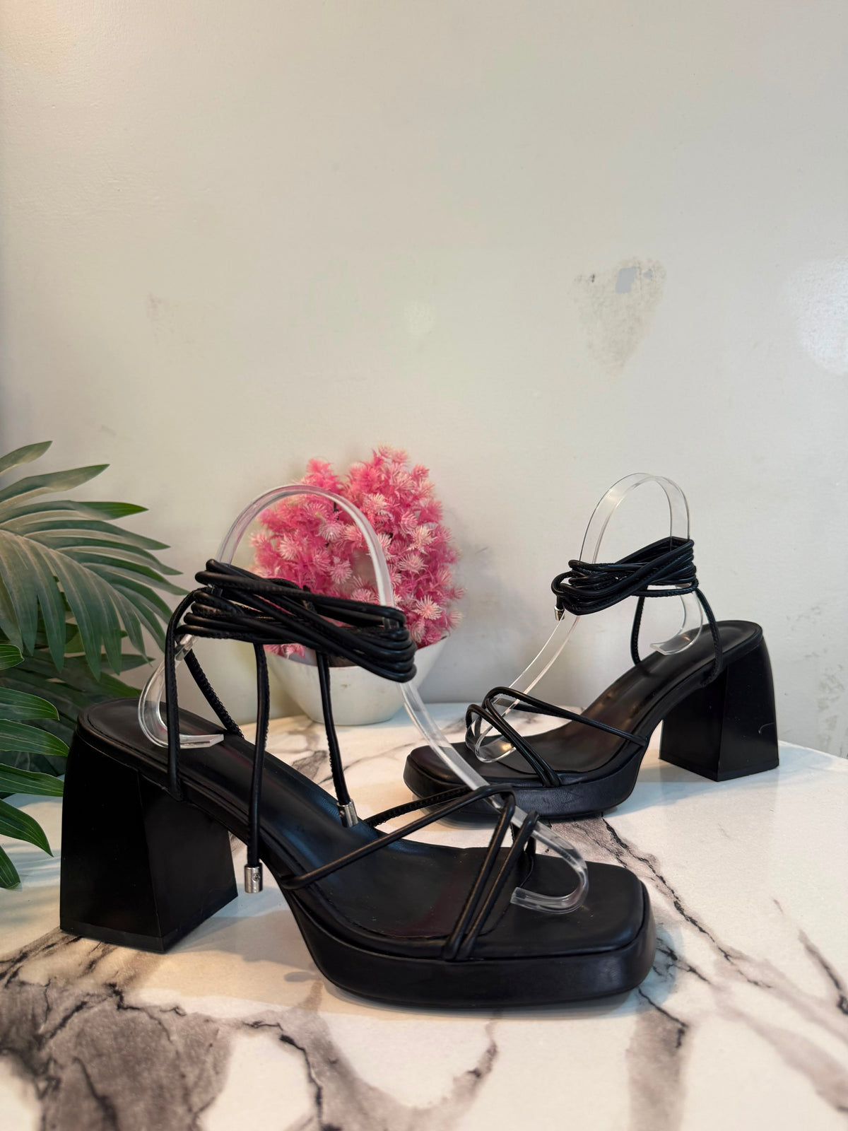 Black block laceup heel