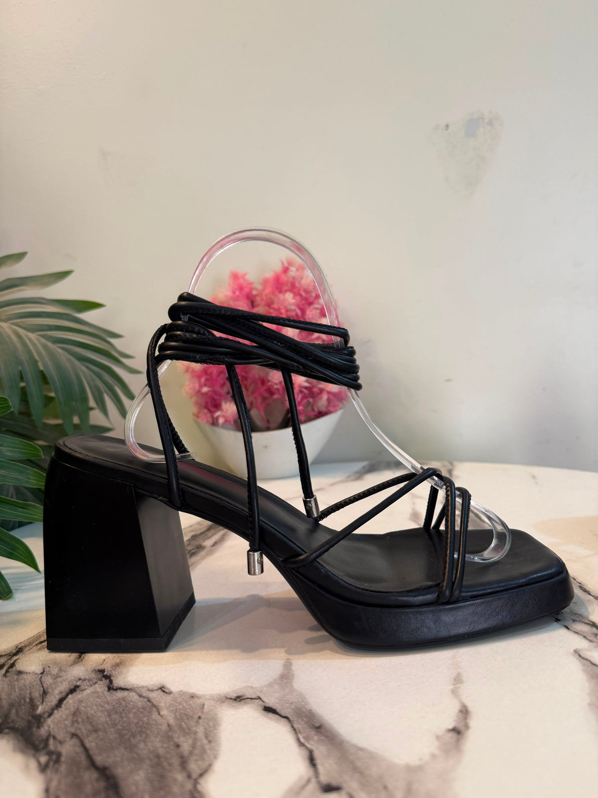 Black block laceup heel