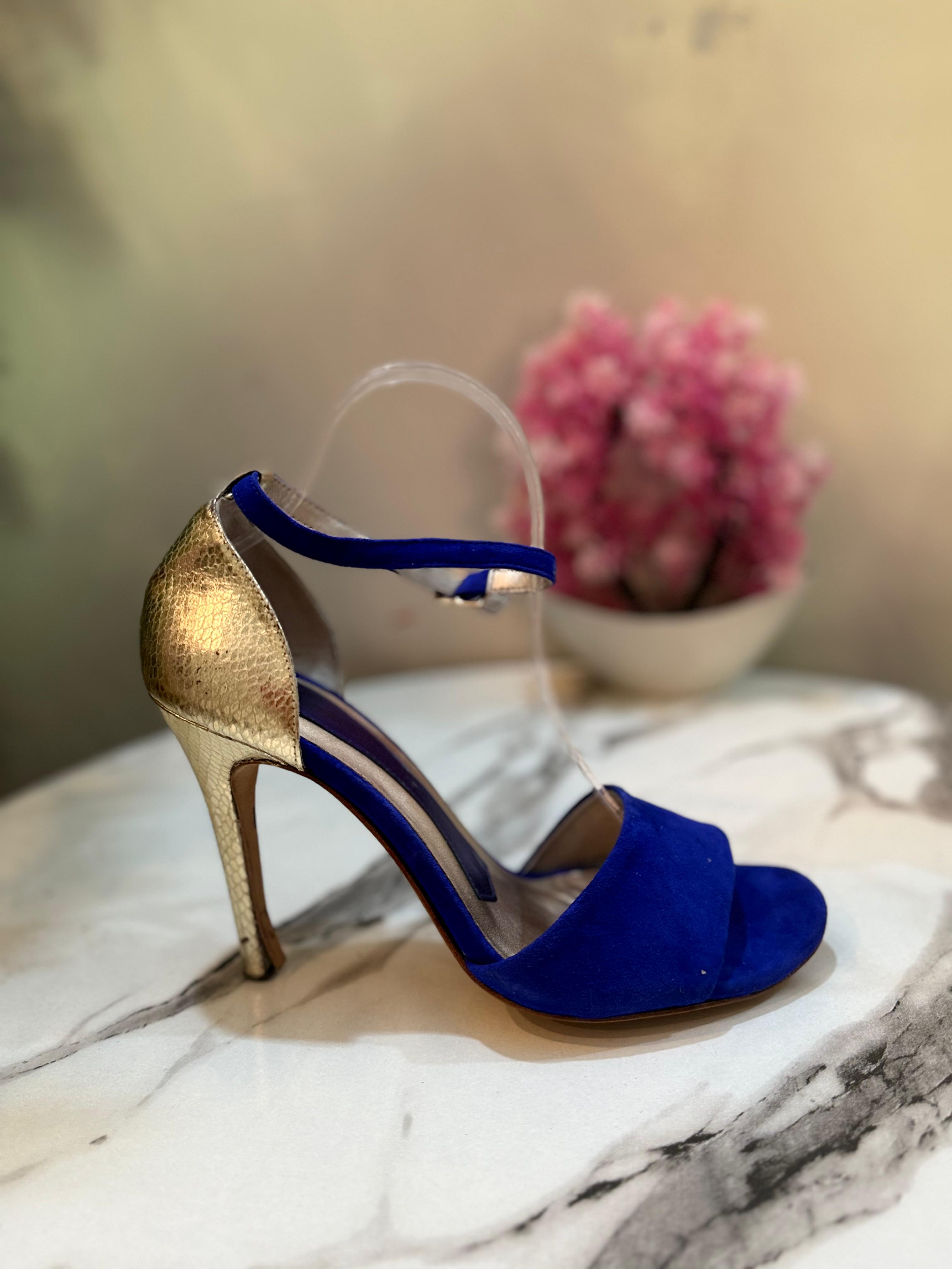 Blue and gold pencil heel